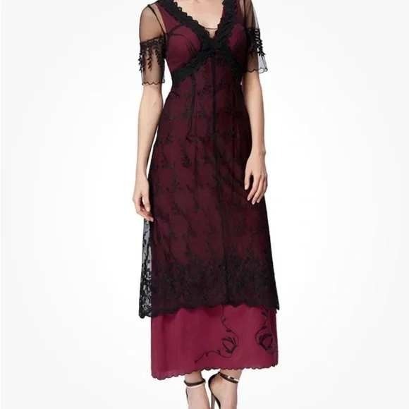 Belle Poque Dress S Burgundy Black Lace Overlay Midi Gothic Dark Romantic Vamp - Picture 2 of 12